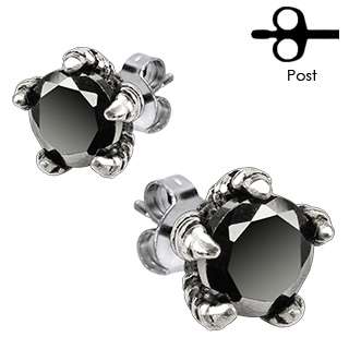Surgical Stainless Steel Black CZ Eagle Claw Stud Earrings (Men or 