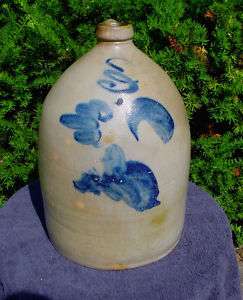 Primitive Midwestern Stoneware 3g. Jug w/ Bright Floral  