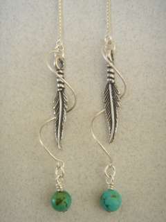 Spiral Turquoise Feather Ear Threads Threader Earrings  
