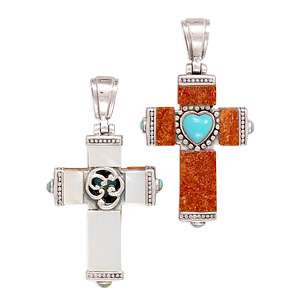 Coral, Turquoise, Mother of Pearl Cross Silver Pendant  