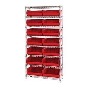   Chrome Wire Shelving With 14 Giant Stacking Bins Red
