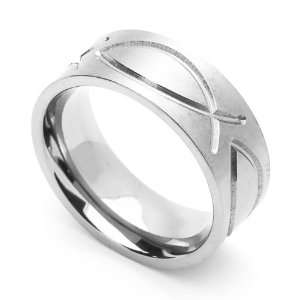 8MM Comfort Fit Stainless Steel Wedding Band Christian Fish Ring (Size 