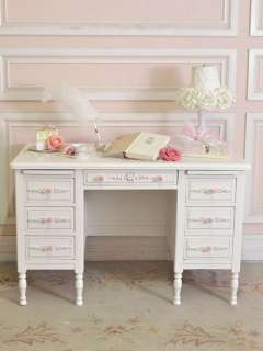 Shabby Cottage Chic 6 Drawer Computer Office Desk White French Roses 