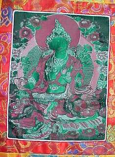 Embroidered Silk Tibetan Thangka Scroll with Brocade   GREEN TARA 