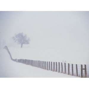 View Along a Wood and Wire Fence Running Across a Snowy Field Premium 